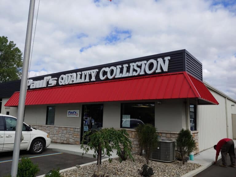 Awning signs for business - metal standing seam awning - Paul’s Quality Collision - Marygrove Awnings
