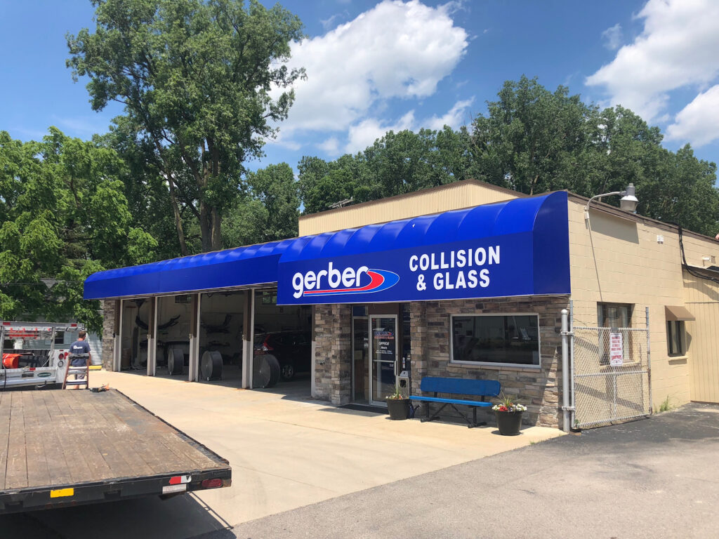 Awning signs for business - metal standing seam awning - Gerber Collision & Glass - Marygrove Awnings