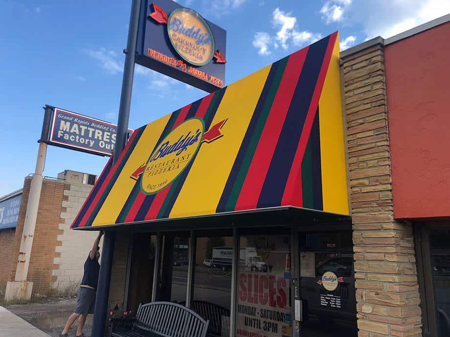 Commercial awnings for restaurants - Buddy’s Restaurant & Pizzeria - Marygrove Awnings
