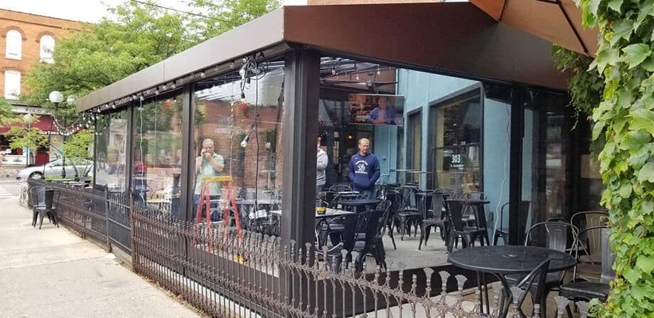 Custom commercial awnings - restaurant awning with solar screen - Marygrove Awnings