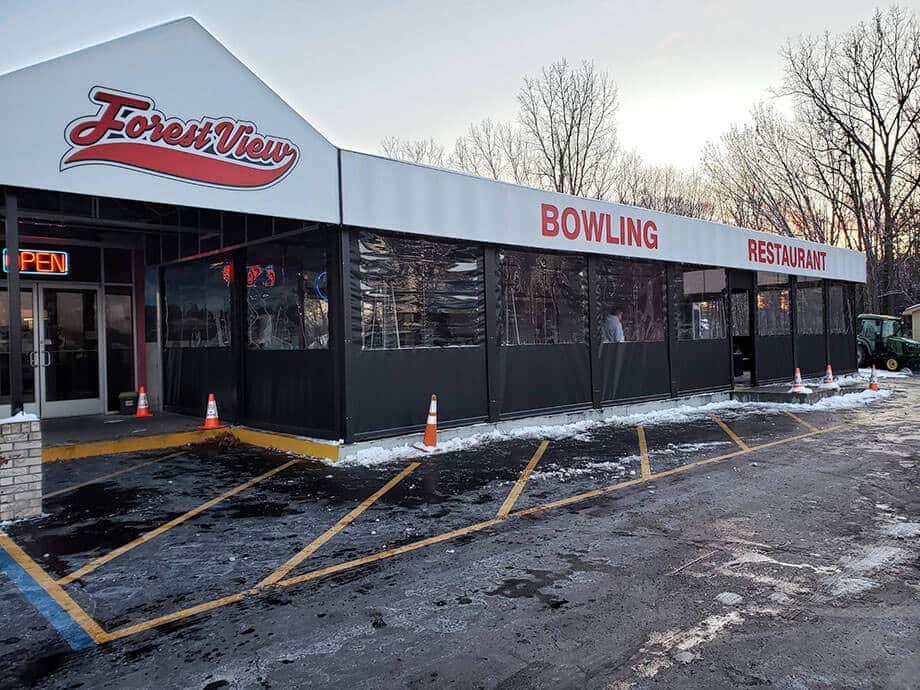 Storefront awning designs - Forest View bowling alley - Marygrove Awnings