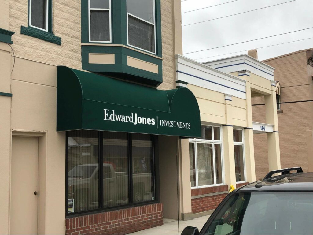 Dark green commercial awning - Marygrove Awnings