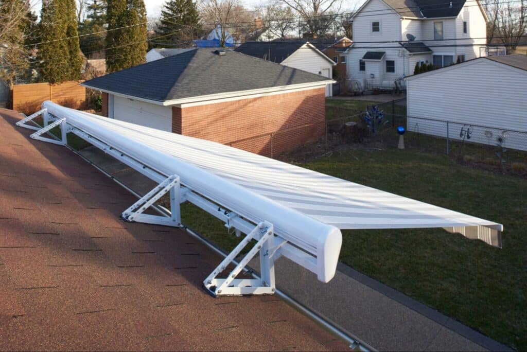 motorized retracted awning on home - Marygrove Awnings